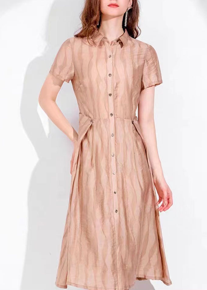 Orange Stand Collar Button Wave Print Silk Holiday Cinch Dress Short Sleeve