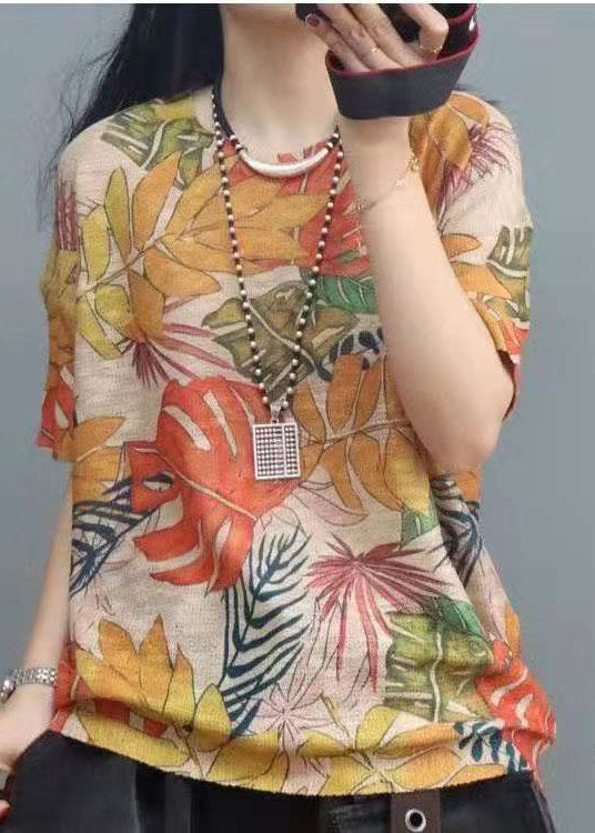 Print O-neck Cotton Top Short Sleeve