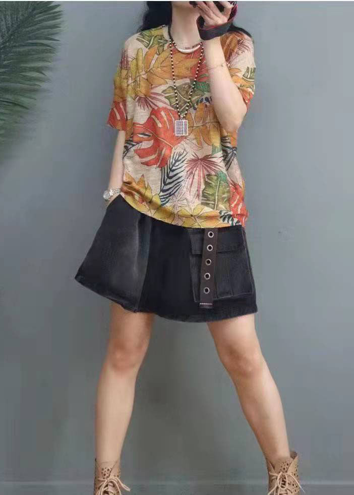 Print O-neck Cotton Top Short Sleeve
