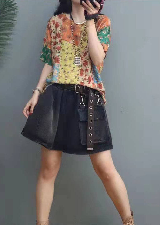 Print O-neck Cotton Top Short Sleeve