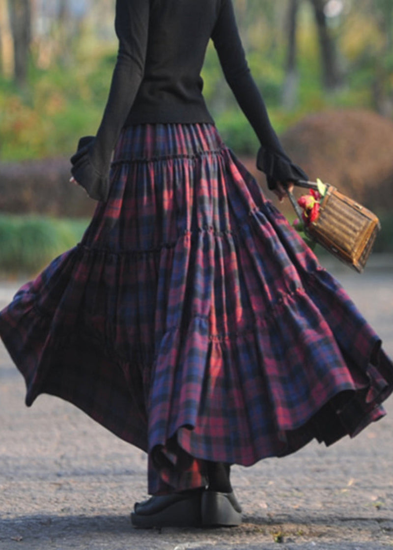 Atyle Mulberry Plaid Wrinkled Patchwork Exra Large Hem Cotton Skirts Spring