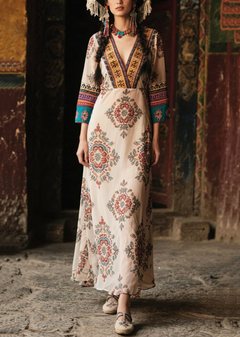 Style Apricot V Neck Print Chiffon Robe Dresses Bracelet Sleeve