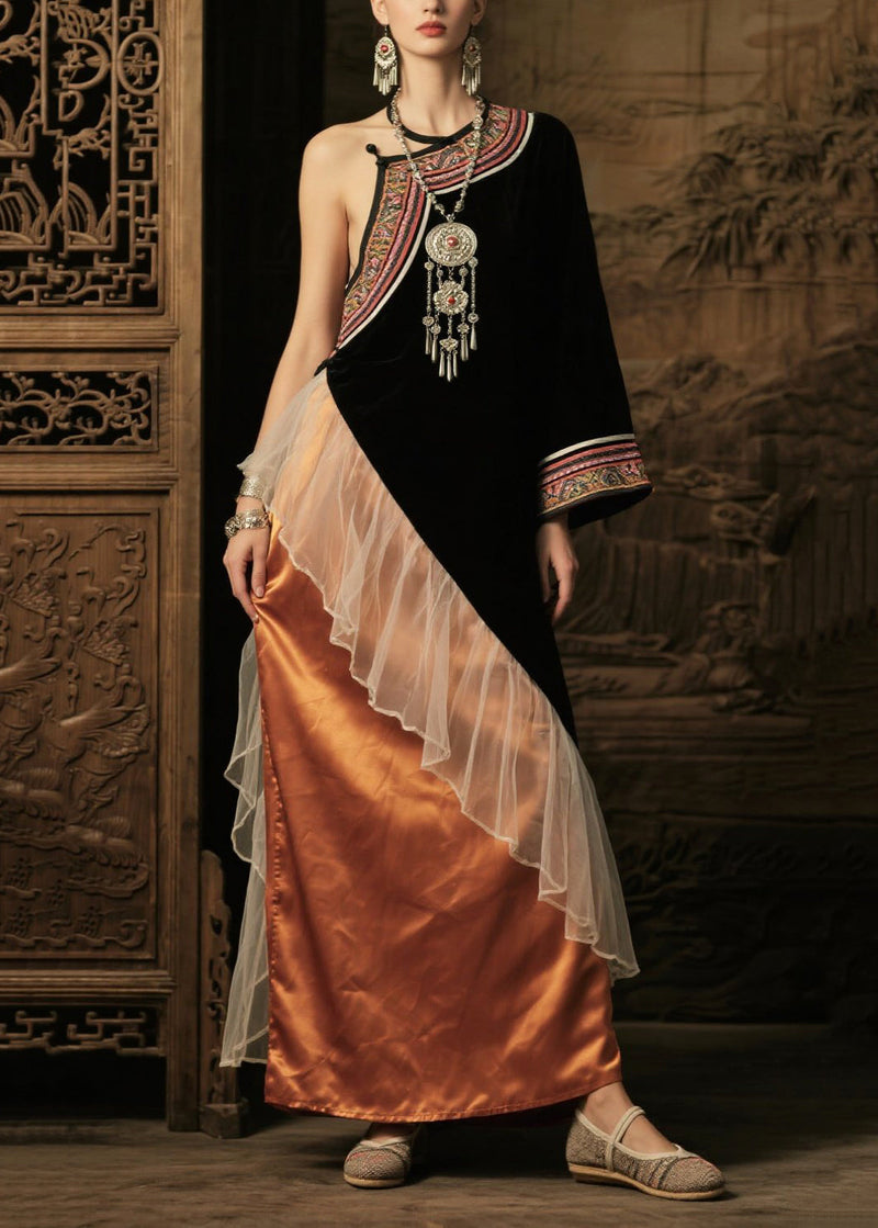 Style Black Asymmetrical Patchwork Silk One Shoulder Dress Summer