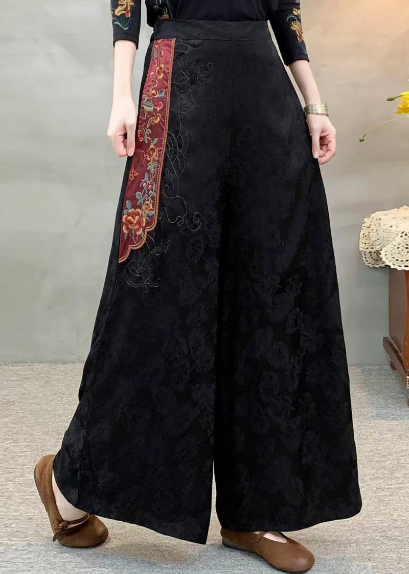 Style Black Embroidered Patchwork Silk Pants Spring