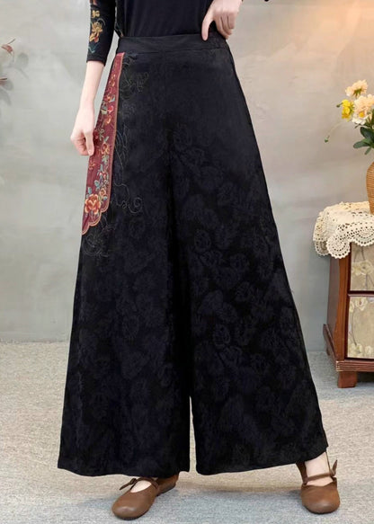 Style Black Embroidered Patchwork Silk Pants Spring