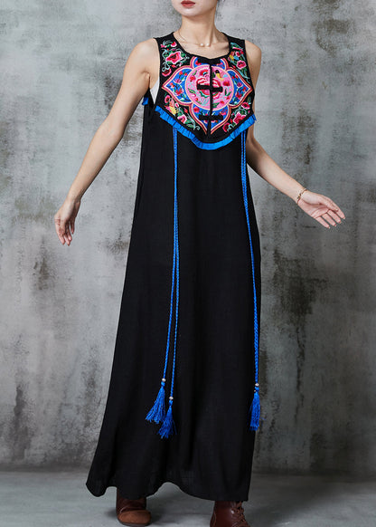 Style Black Embroidered Tasseled Cotton Holiday Dress Sleeveless