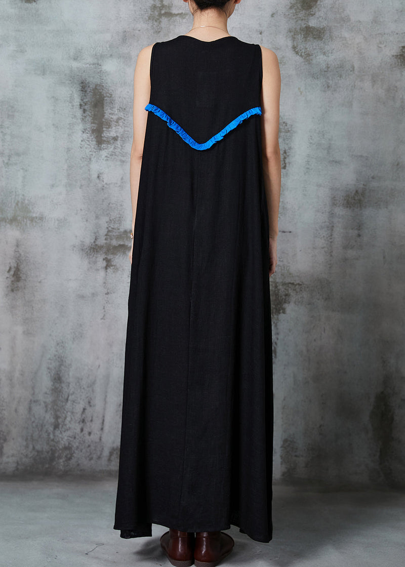 Style Black Embroidered Tasseled Cotton Holiday Dress Sleeveless