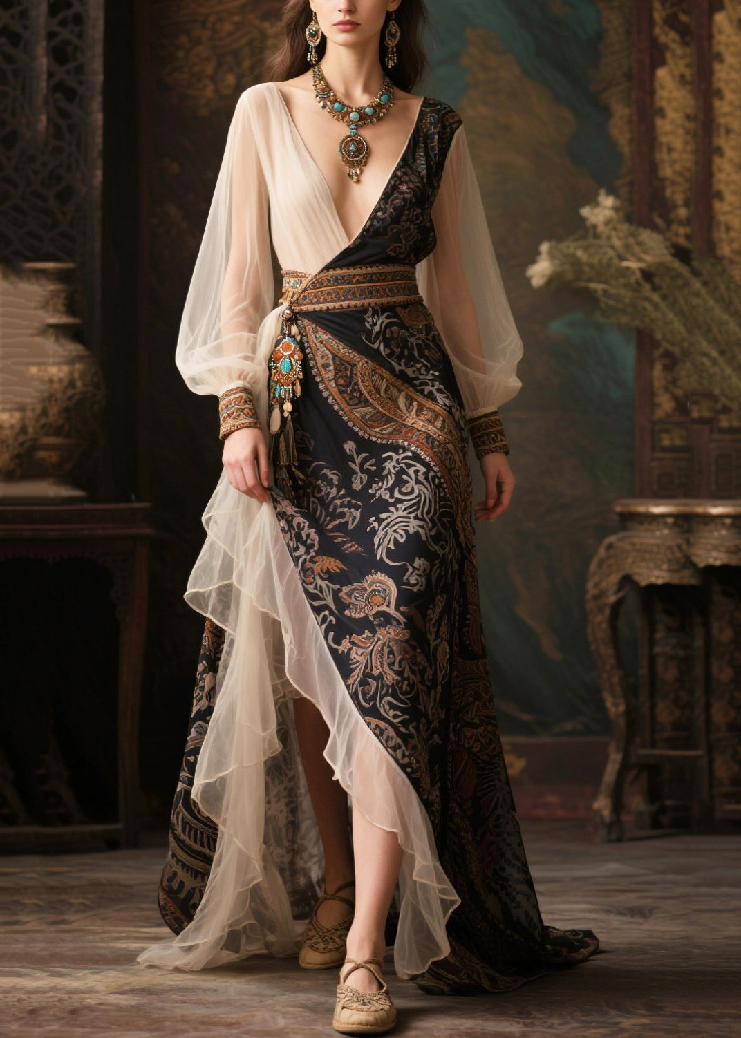 Style Black Exra Large Hem Patchwork Chiffon Long Dress Summer