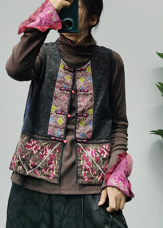 Style Black O-neck Embroideried Patchwork Vest Spring