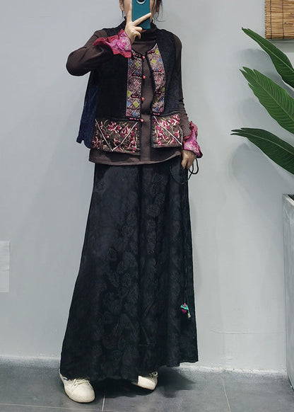 Style Black O-neck Embroideried Patchwork Vest Spring