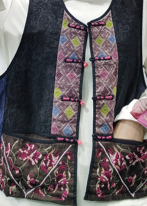 Style Black O-neck Embroideried Patchwork Vest Spring