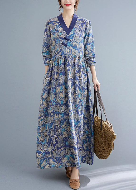 Style Blue Wrinkled V Neck Exra Large Hem Cotton Long Dresses Long Sleeve