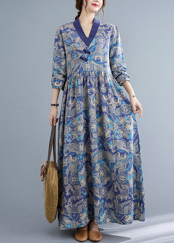 Style Blue Wrinkled V Neck Exra Large Hem Cotton Long Dresses Long Sleeve