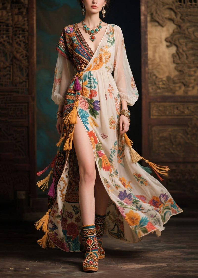 Style Colorblock Tasseled Side Open Chiffon Dress Summer
