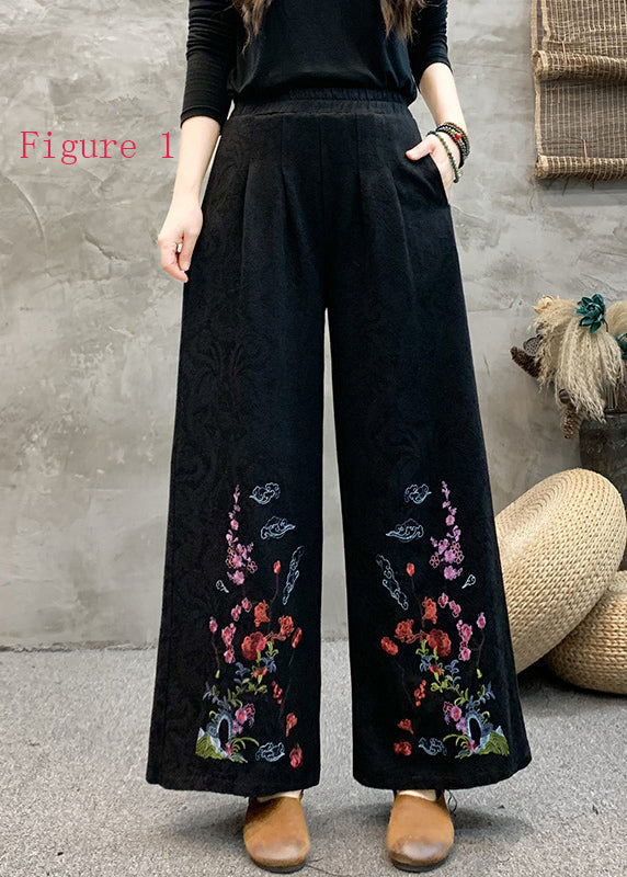 Style Embroidered Elastic Waist Wide Leg Pants Spring