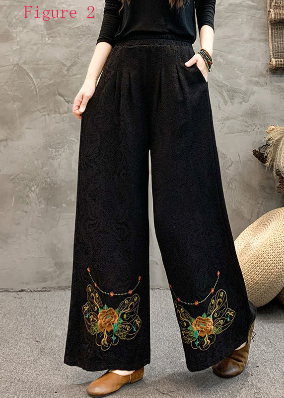 Style Embroidered Elastic Waist Wide Leg Pants Spring