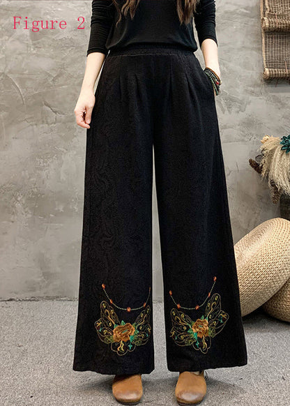 Style Embroidered Elastic Waist Wide Leg Pants Spring