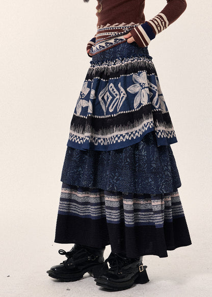 Style Navy Layered Patchwork Linen Skirt Spring