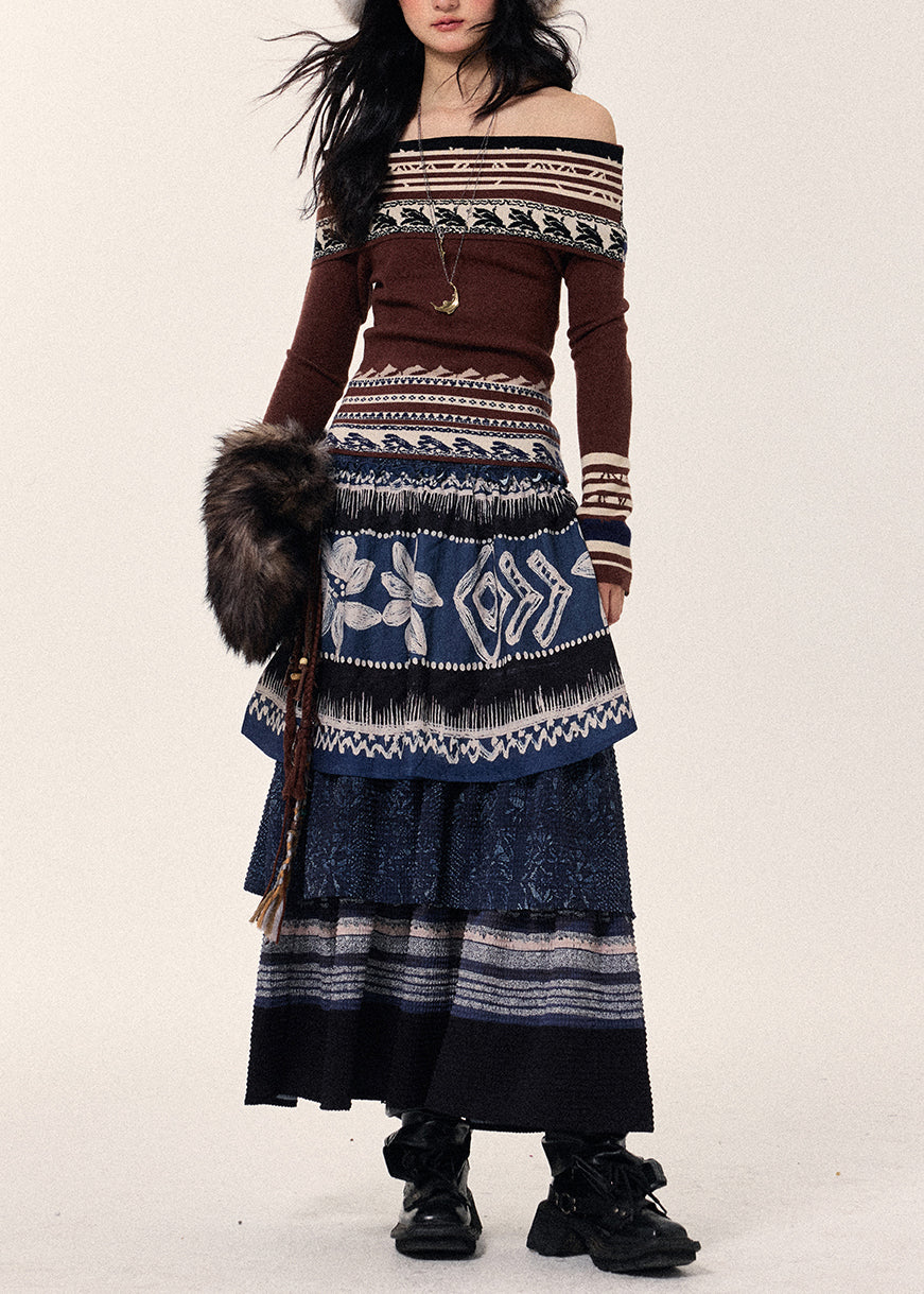 Style Navy Layered Patchwork Linen Skirt Spring