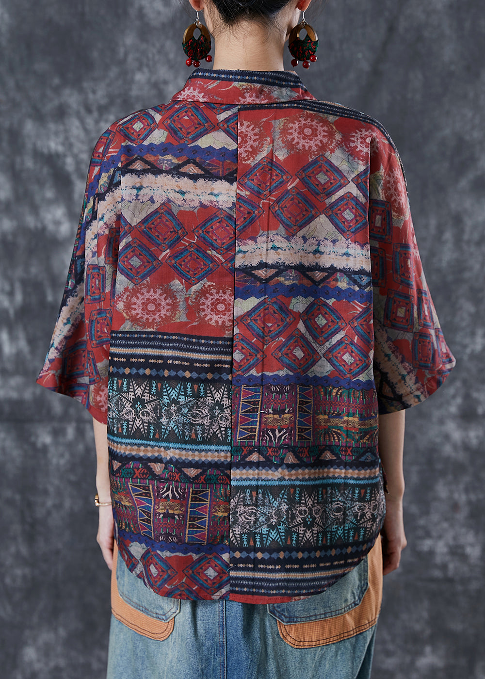 Style Oversized Print Linen Shirts Bracelet Sleeve