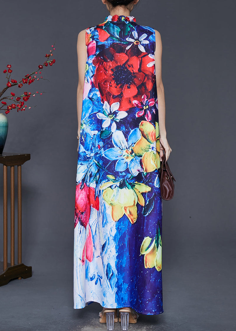 Style Peacock Blue Mandarin Collar Print Cotton Dresses Sleeveless