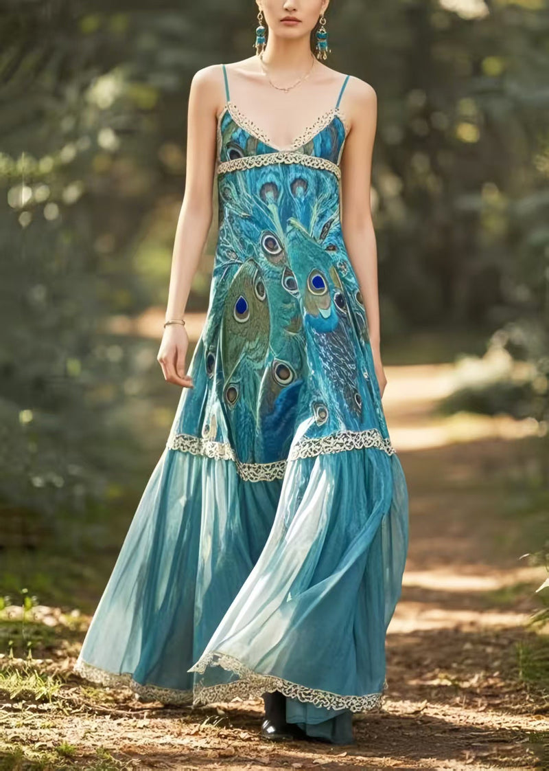 Style Peacock Blue Print Chiffon Spaghetti Strap Dress Summer