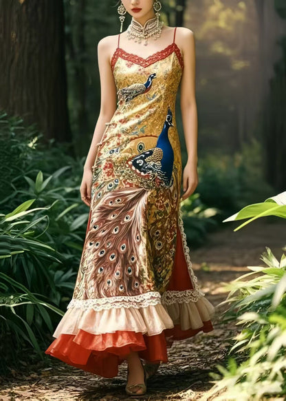 Style Peacock Print Patchwork Ruffles Silk Vestidos Dress Summer