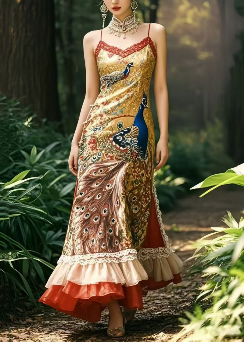 Style Peacock Print Patchwork Ruffles Silk Vestidos Dress Summer