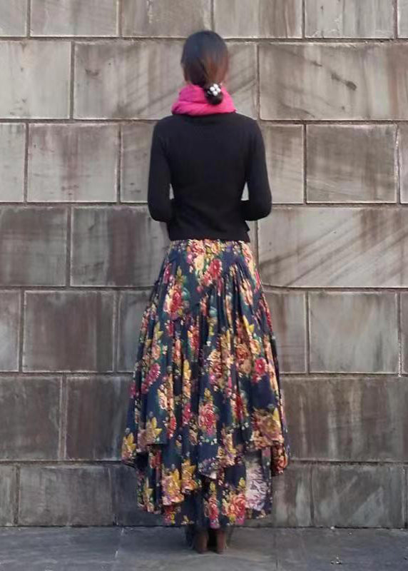 Style Printed Cotton Large Hem Asymmetrical Skirt Spring