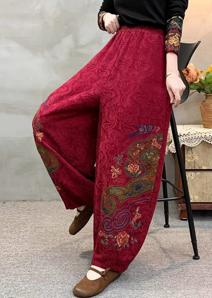 Style Red Linen Harem Pants Embroidered Spring