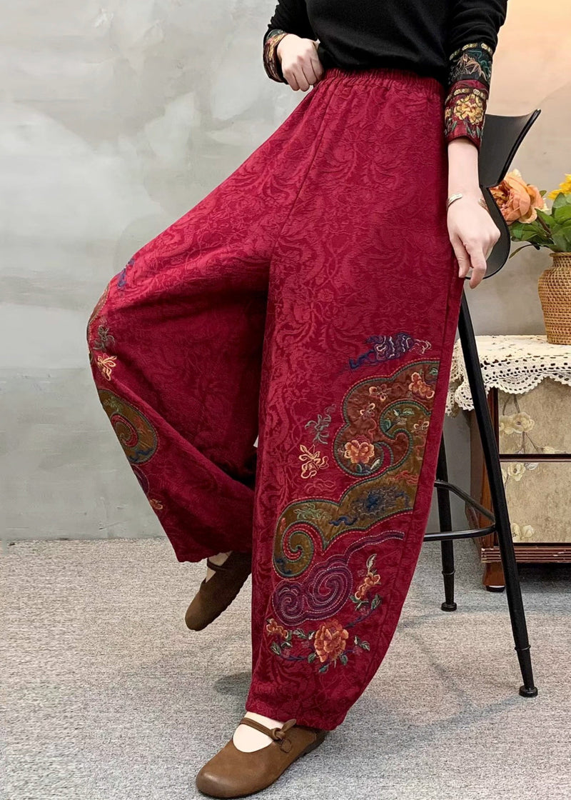 Style Red Linen Harem Pants Embroidered Spring