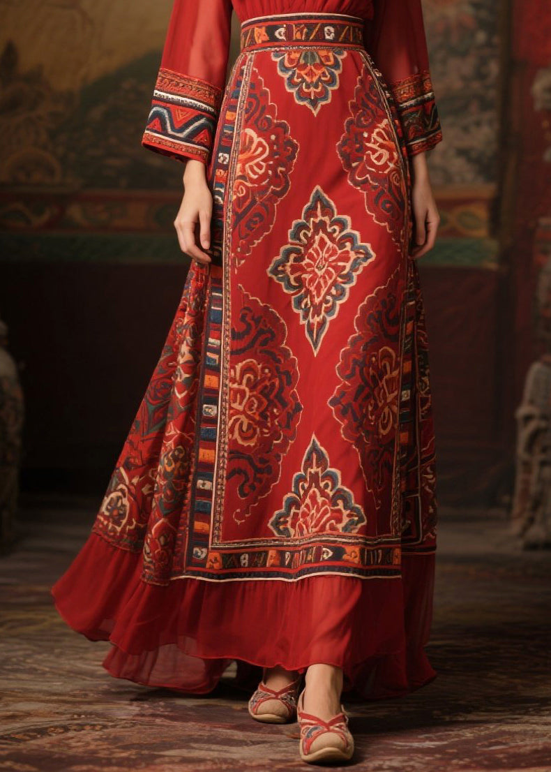 Style Red Print Patchwork Chiffon Long Dress Fall