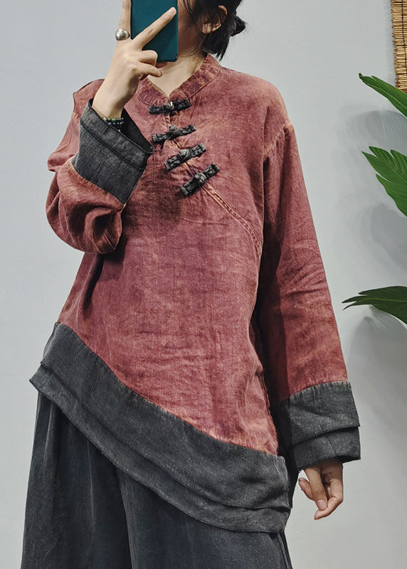 Style Red Stand Collar Asymmetrical Patchwork Linen Shirt Top Long Sleeve
