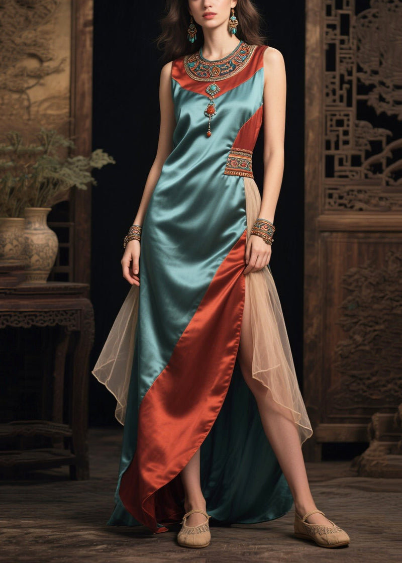 Style Sea Blue Asymmetrical Patchwork Silk Vacation Dresses Sleeveless