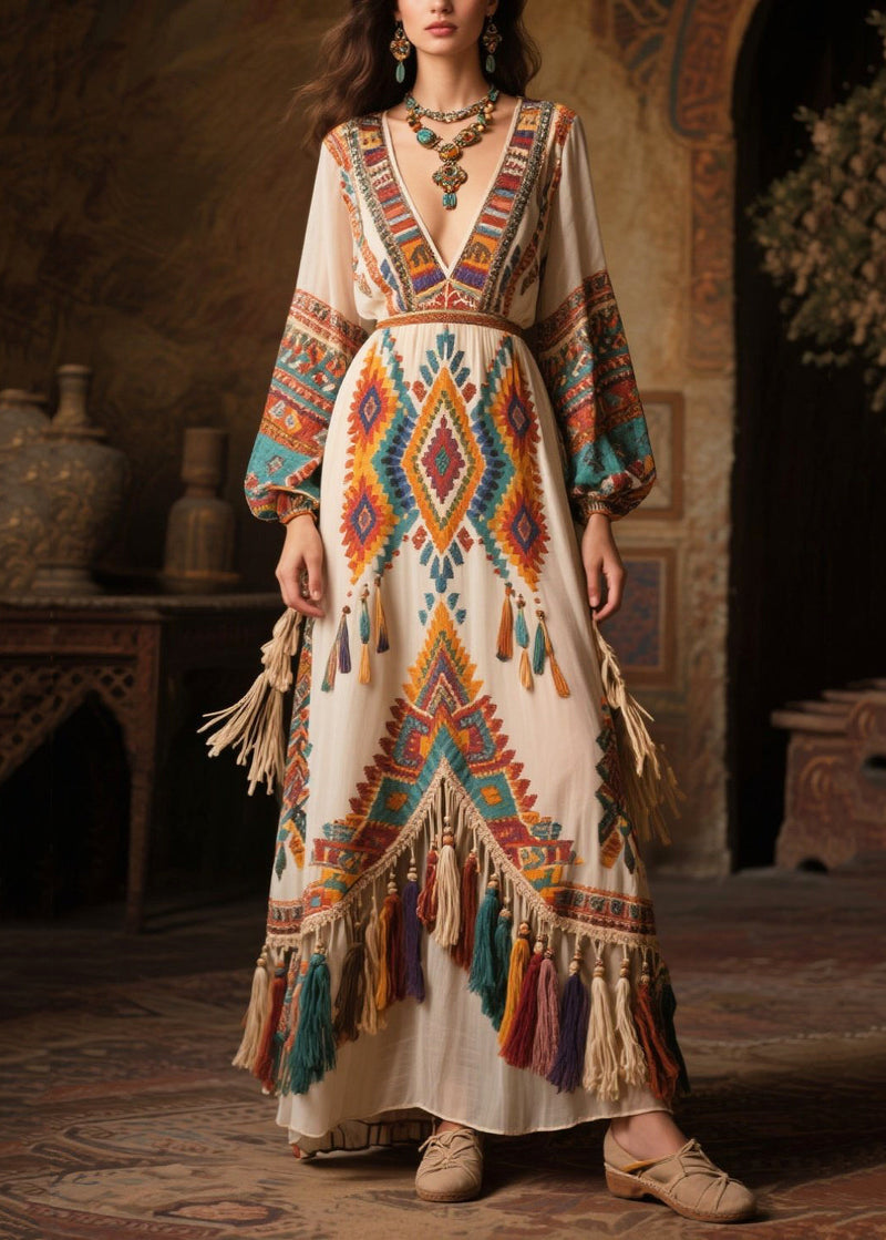 Style Tasseled Print Chiffon Vacation Dress Fall