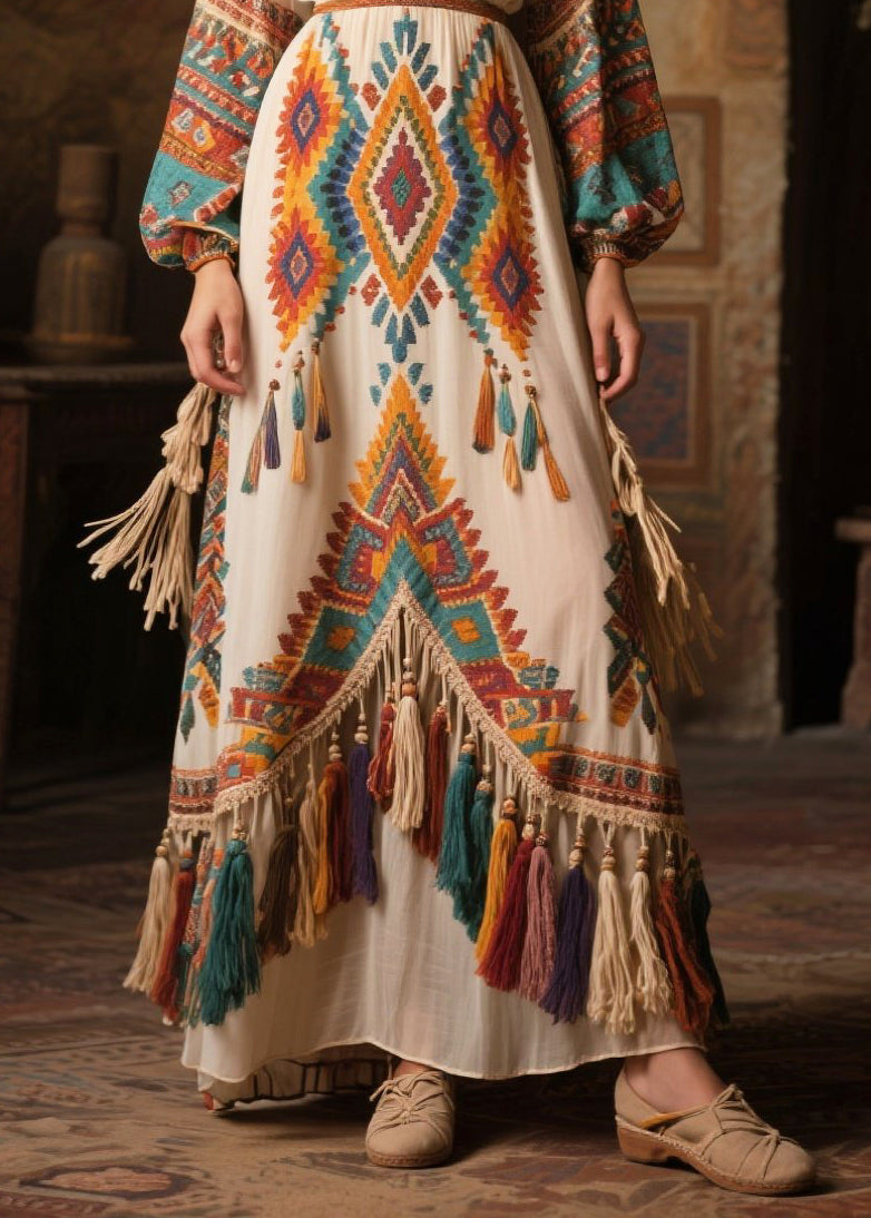 Style Tasseled Print Chiffon Vacation Dress Fall