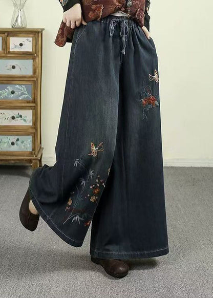 Style Warm Fleece Embroidered Denim Wide Leg Pants