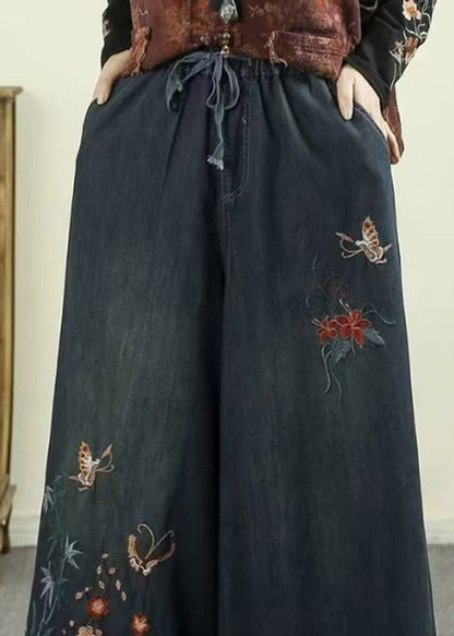 Style Warm Fleece Embroidered Denim Wide Leg Pants