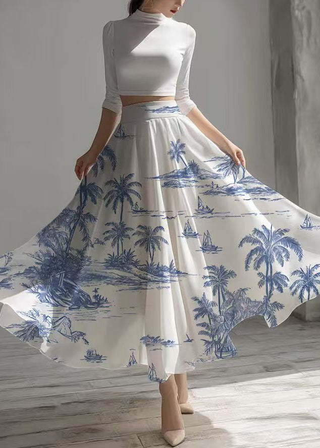 Style White Print Exra Large Hem Chiffon Skirt Summer