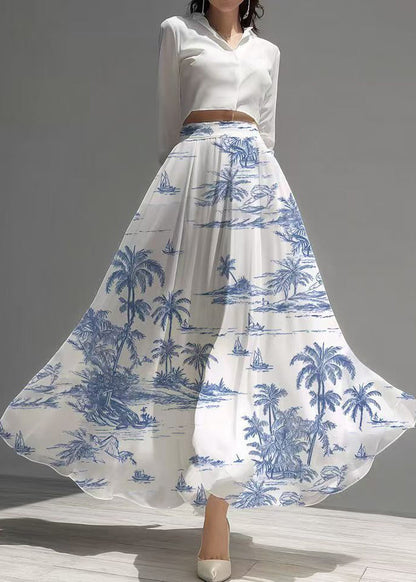Style White Print Exra Large Hem Chiffon Skirt Summer