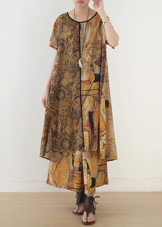 Yellow Printed Mid Length + Loose Wide Leg Pants Suit
