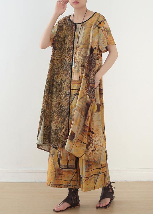 Yellow Printed Mid Length + Loose Wide Leg Pants Suit
