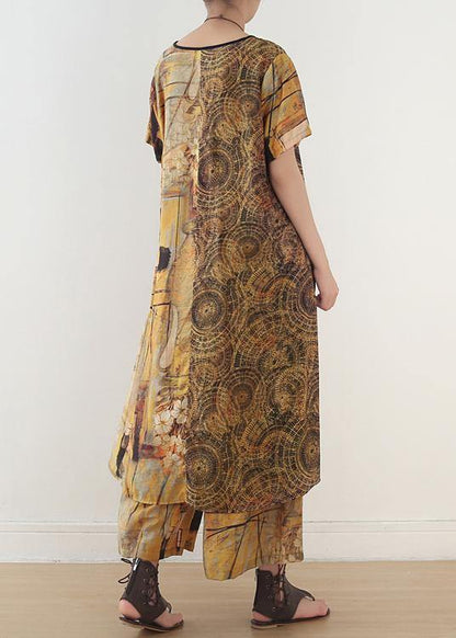 Yellow Printed Mid Length + Loose Wide Leg Pants Suit