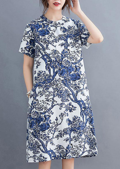 Blue Printed Buckle Loose Dress
