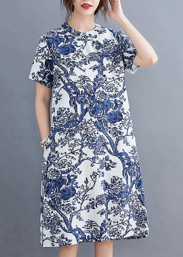 Blue Printed Buckle Loose Dress