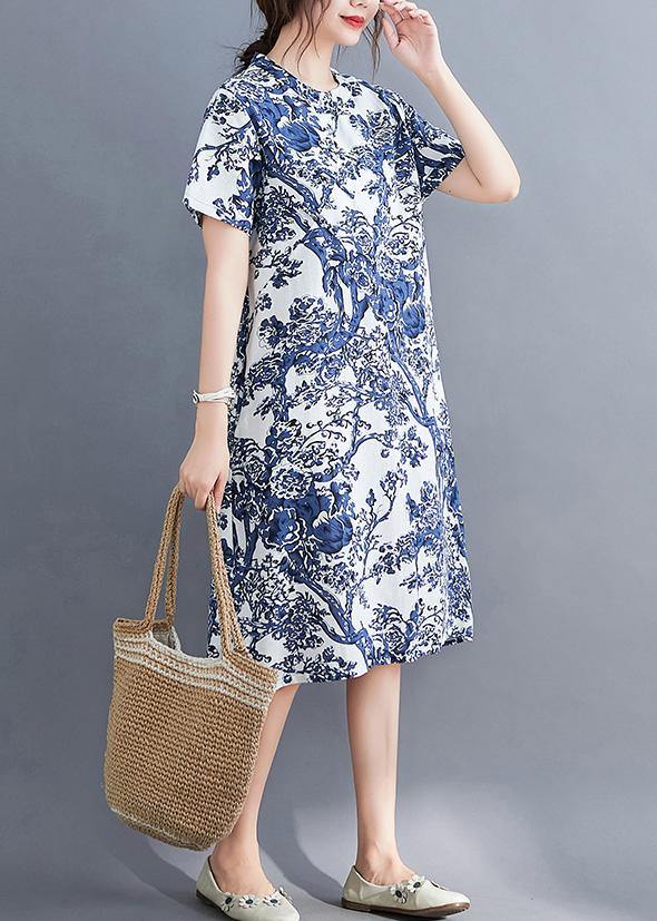 Blue Printed Buckle Loose Dress