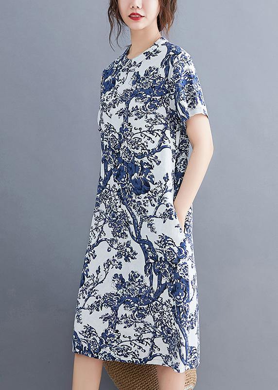 Blue Printed Buckle Loose Dress
