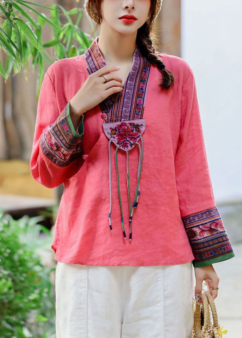 Style Red V Neck Embroideried Patchwork Linen Shirt Tops Spring