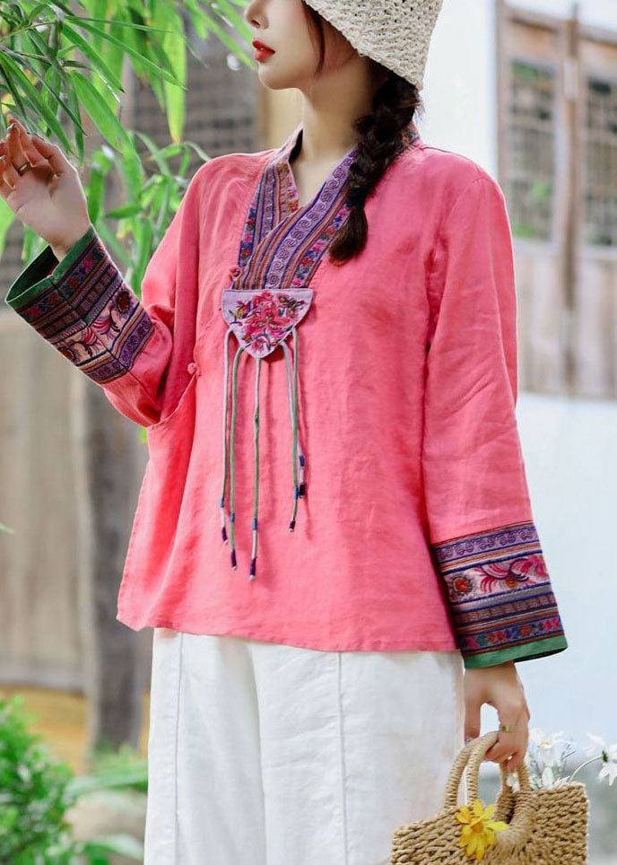 Style Red V Neck Embroideried Patchwork Linen Shirt Tops Spring