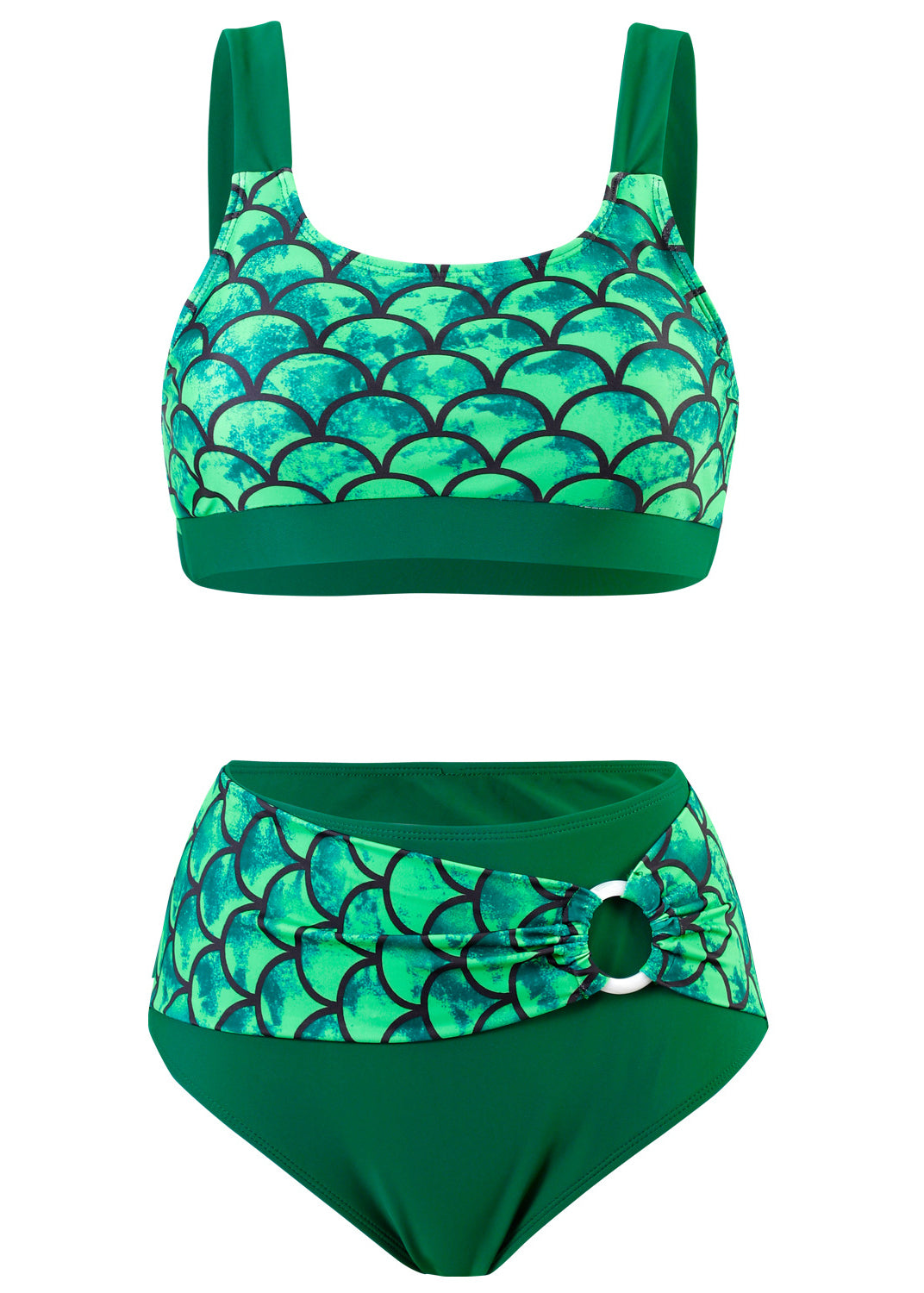 European and American Bikini High Waisted Fish Scale Print Swimwear Set